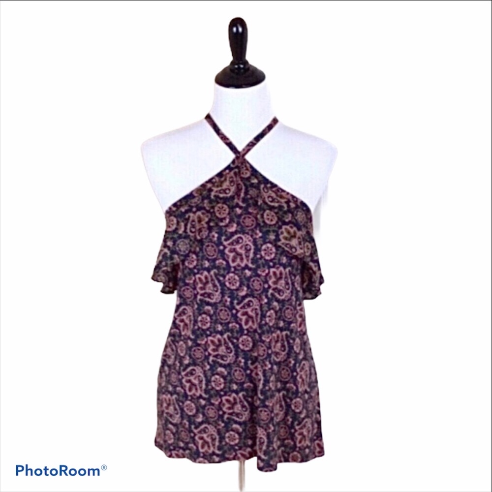 Loft navy paisley print halter neck knit top